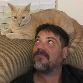 man on couch looking at cat on back of couch